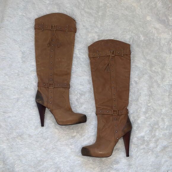 Gianni Bini Heeled Studded Harness Tassel Cognac Knee High Leather Boots Sz 9